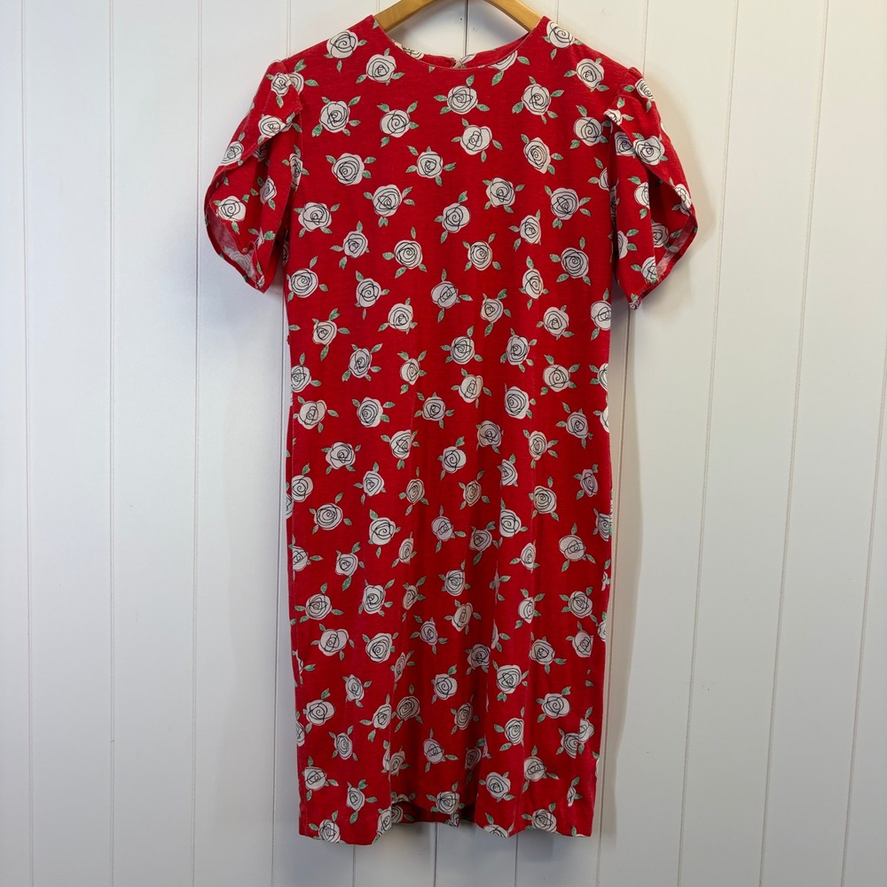 Vintage 90s Mod Garden Rose Print Midi Dress Women Medium Cottage Summer Retro